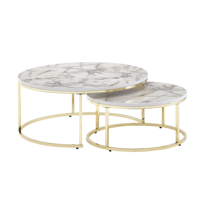 Couchtisch 2er Set Rund Weiß Gold Marmoroptik Metall Modern