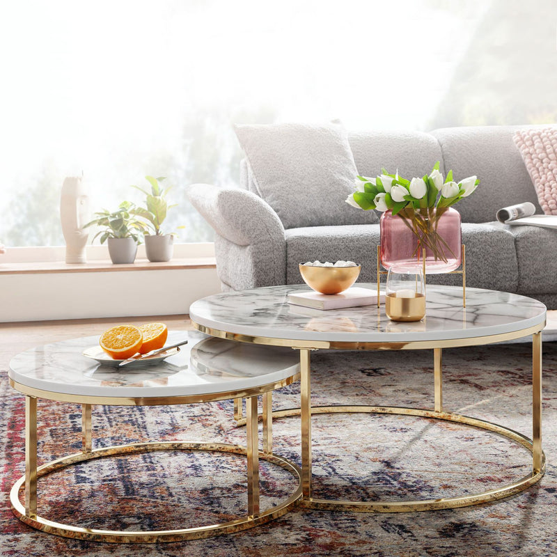 Couchtisch 2er Set Rund Weiß Gold Marmoroptik Metall Modern