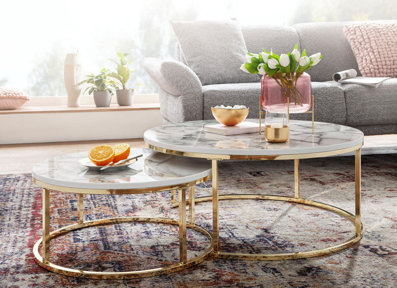 Couchtisch 2er Set Rund Weiß Gold Marmoroptik Metall Modern