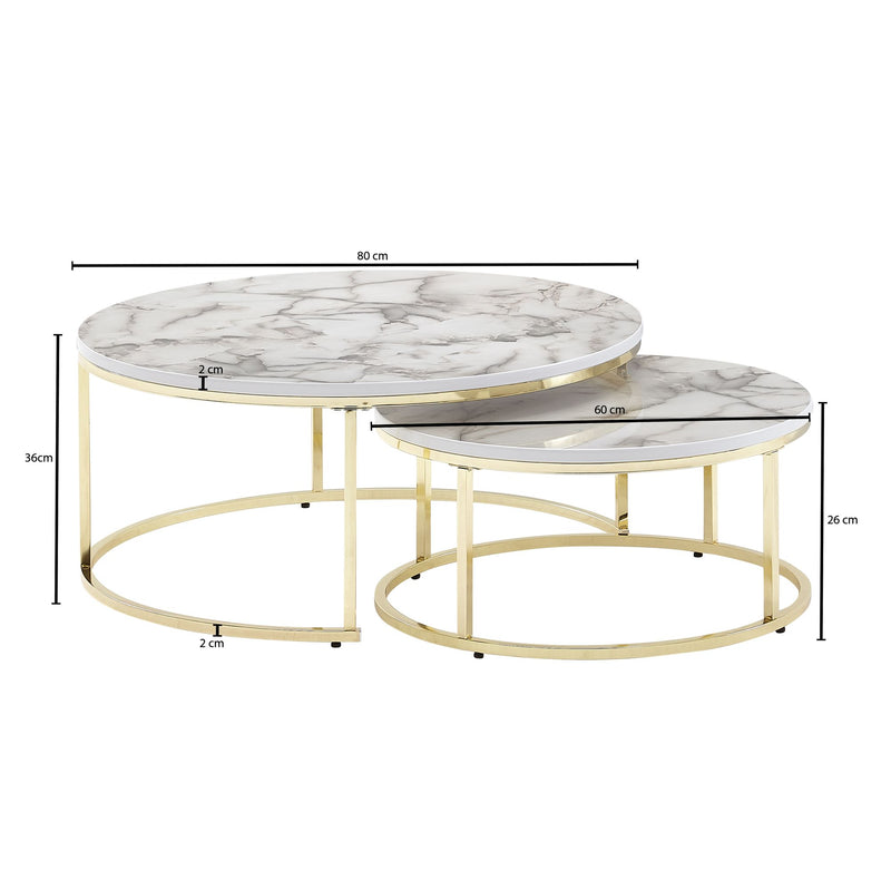 Couchtisch 2er Set Rund Weiß Gold Marmoroptik Metall Modern
