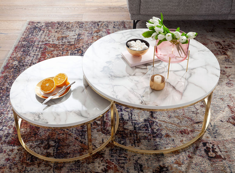 Couchtisch 2er Set Rund Weiß Gold Marmoroptik Metall Modern