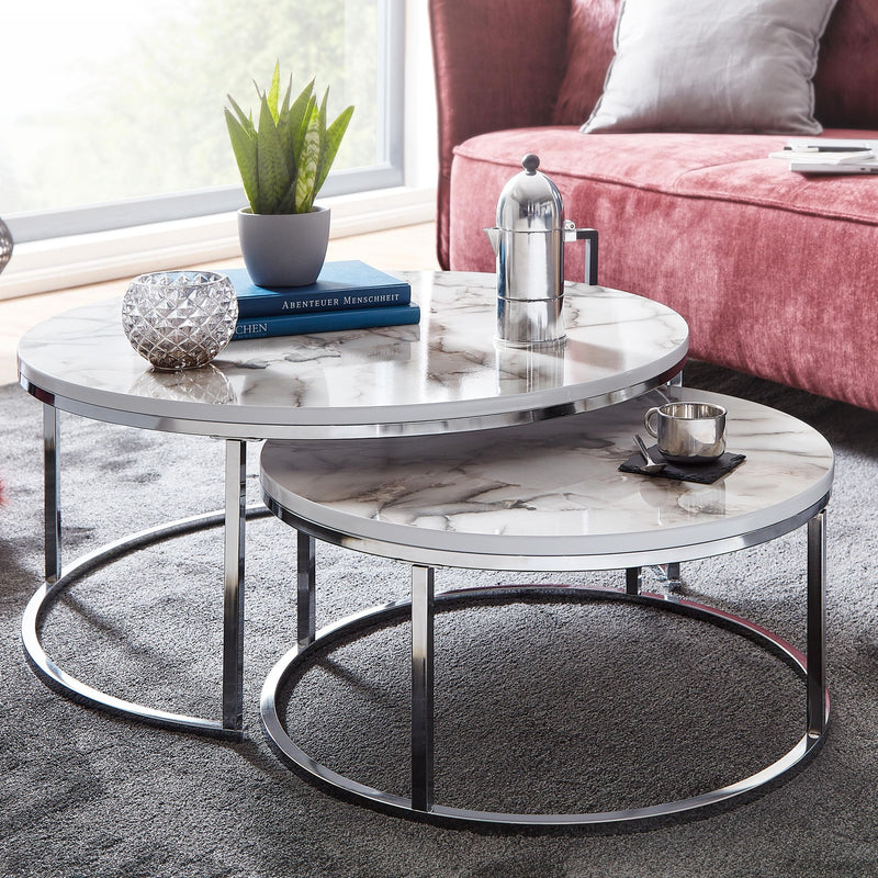 Couchtisch Set 2er Marmoroptik Weiß Silber Rund Metall Modern