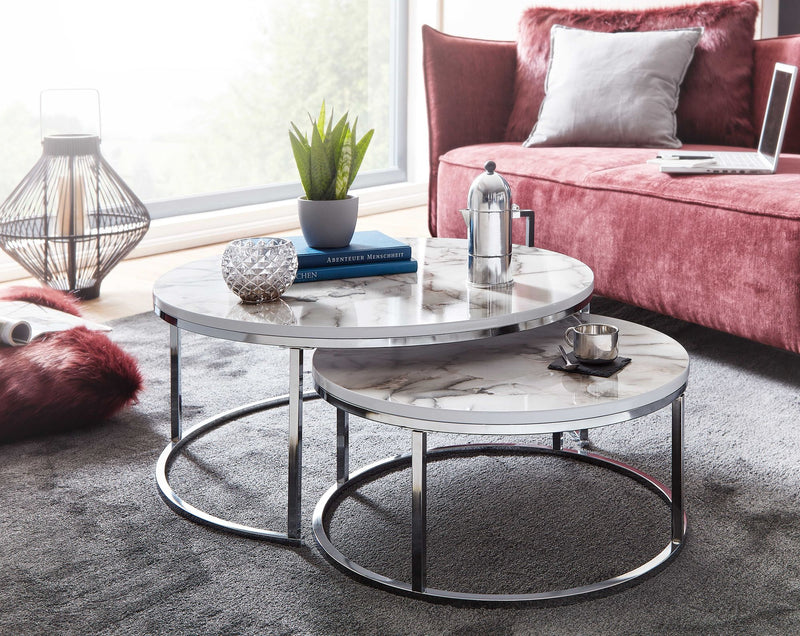 Couchtisch Set 2er Marmoroptik Weiß Silber Rund Metall Modern