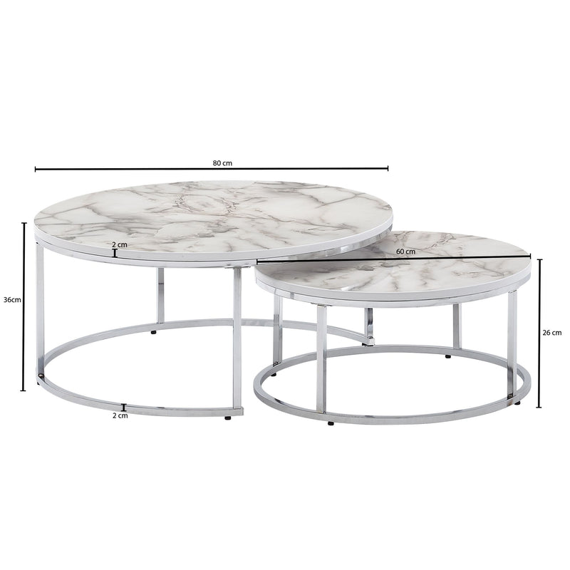 Couchtisch Set 2er Marmoroptik Weiß Silber Rund Metall Modern