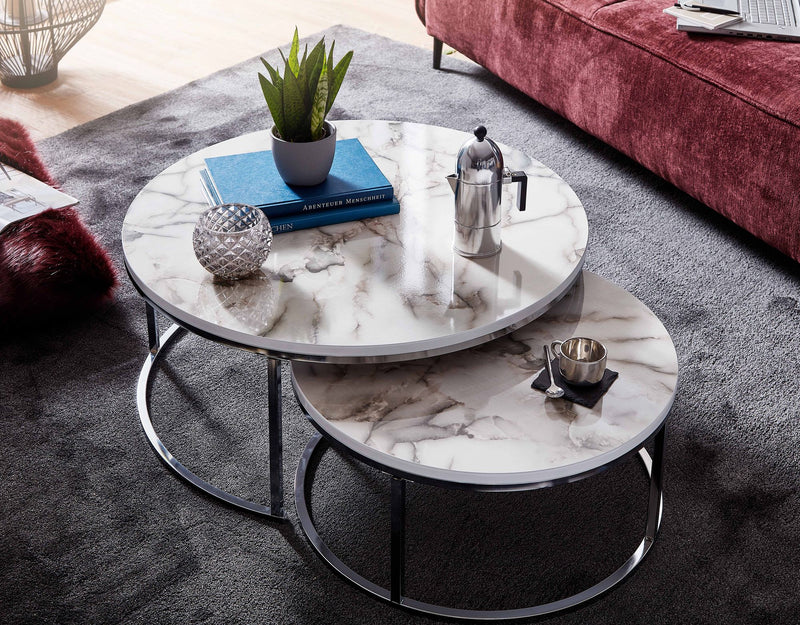 Couchtisch Set 2er Marmoroptik Weiß Silber Rund Metall Modern