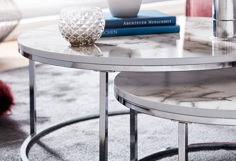 Couchtisch Set 2er Marmoroptik Weiß Silber Rund Metall Modern