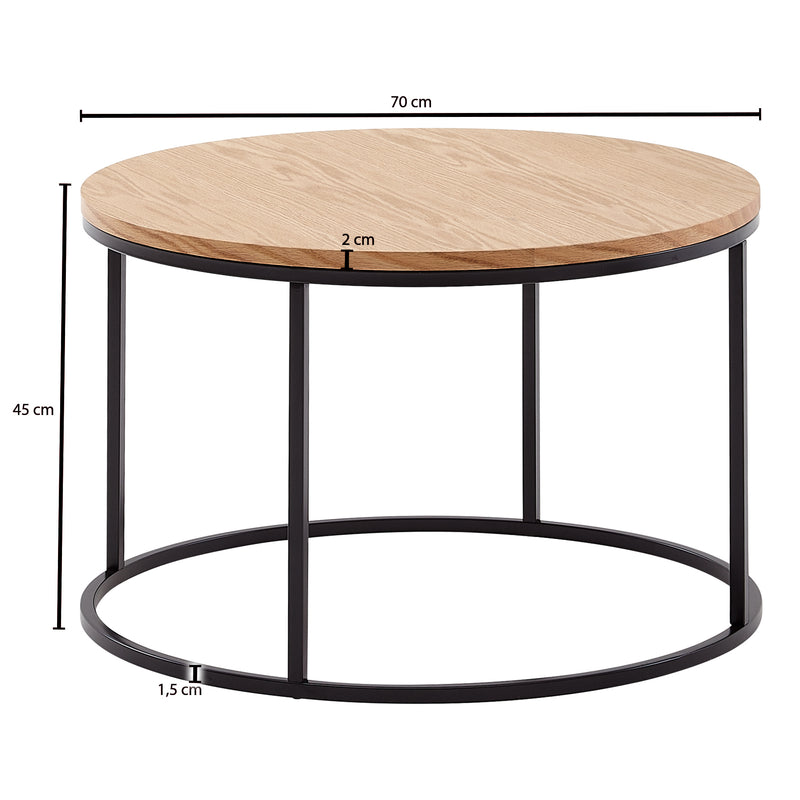 Couchtisch 70x70x45cm Eiche Holz Metall Modern Rund Wohnzimmer