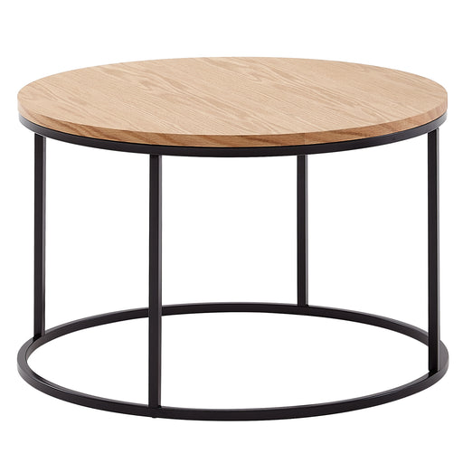 Runder Couchtisch 70x70x45cm mit Eichenholzplatte und schwarzem Metallgestell in Gesamtansicht.