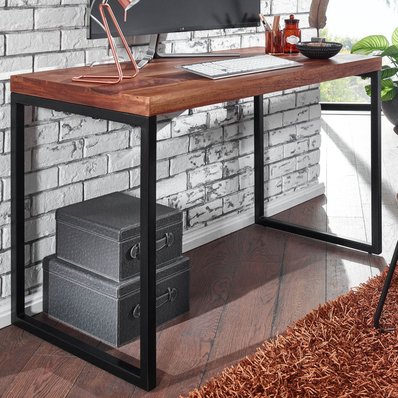 Schreibtisch Sheesham Massivholz Metall 117x59x76,5cm Dunkel Design