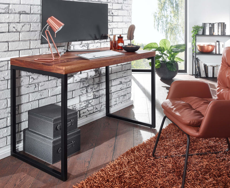 Schreibtisch Sheesham Massivholz Metall 117x59x76,5cm Dunkel Design