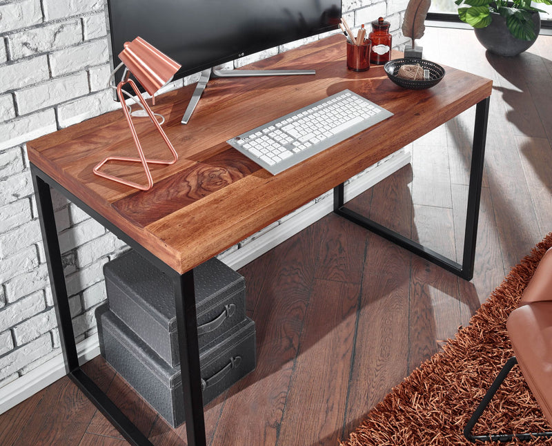 Schreibtisch Sheesham Massivholz Metall 117x59x76,5cm Dunkel Design