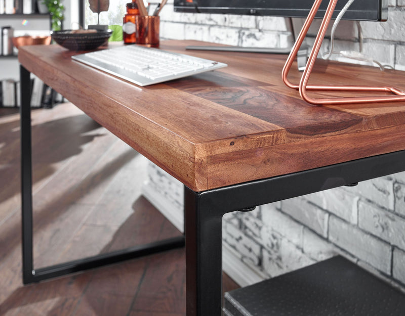 Schreibtisch Sheesham Massivholz Metall 117x59x76,5cm Dunkel Design