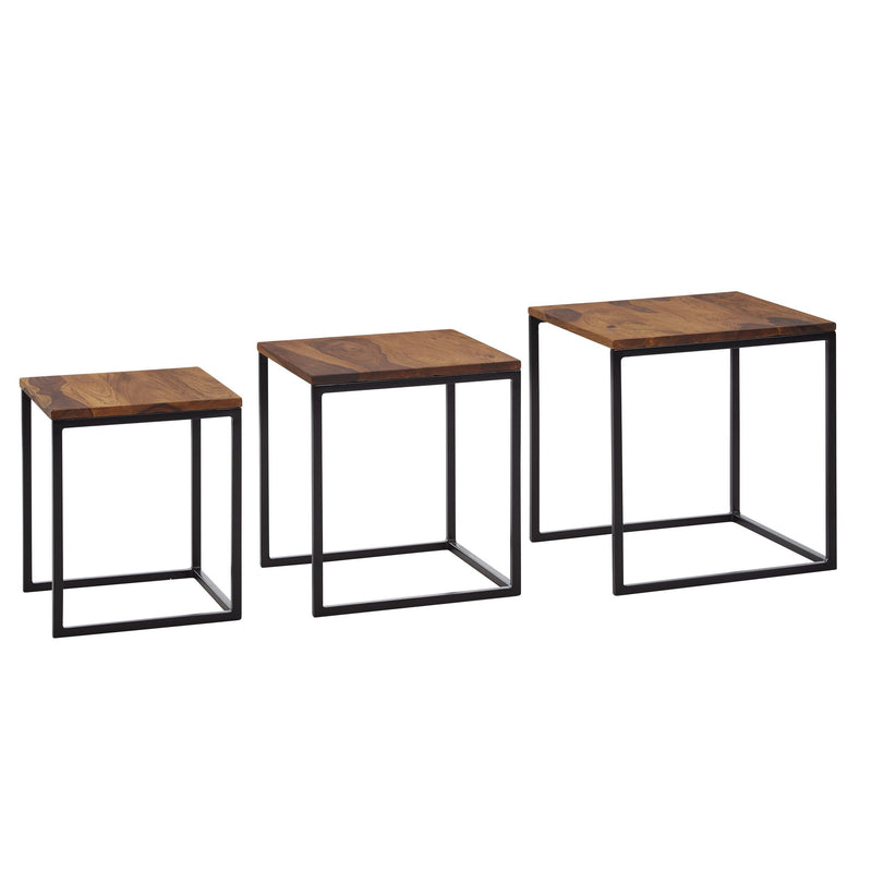 Satztisch 3er Set Sheesham Massivholz Metall Modern Eckig Wohnzimmer