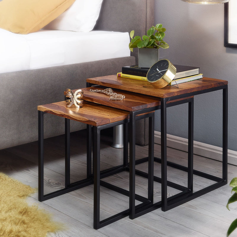 Satztisch 3er Set Sheesham Massivholz Metall Modern Eckig Wohnzimmer