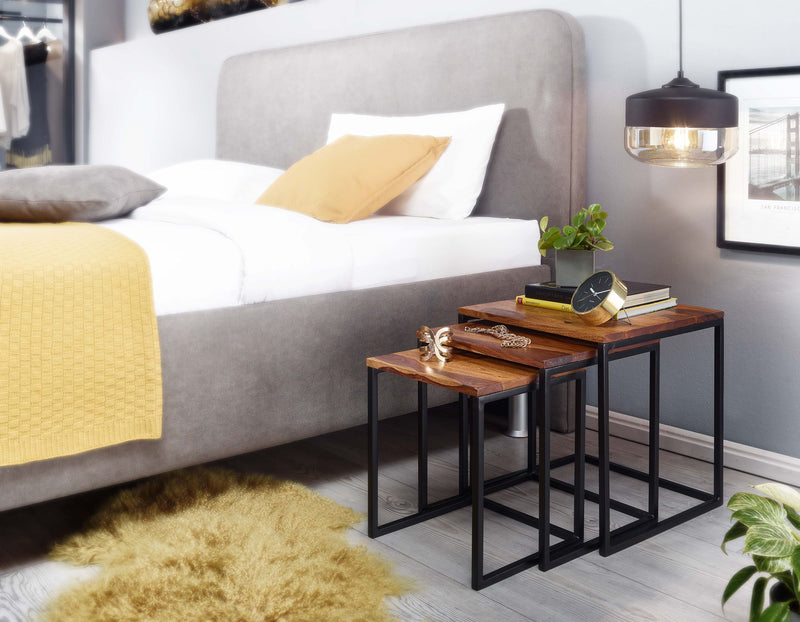 Satztisch 3er Set Sheesham Massivholz Metall Modern Eckig Wohnzimmer