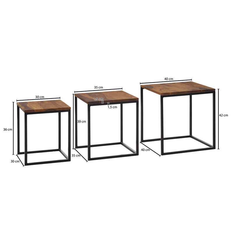 Satztisch 3er Set Sheesham Massivholz Metall Modern Eckig Wohnzimmer