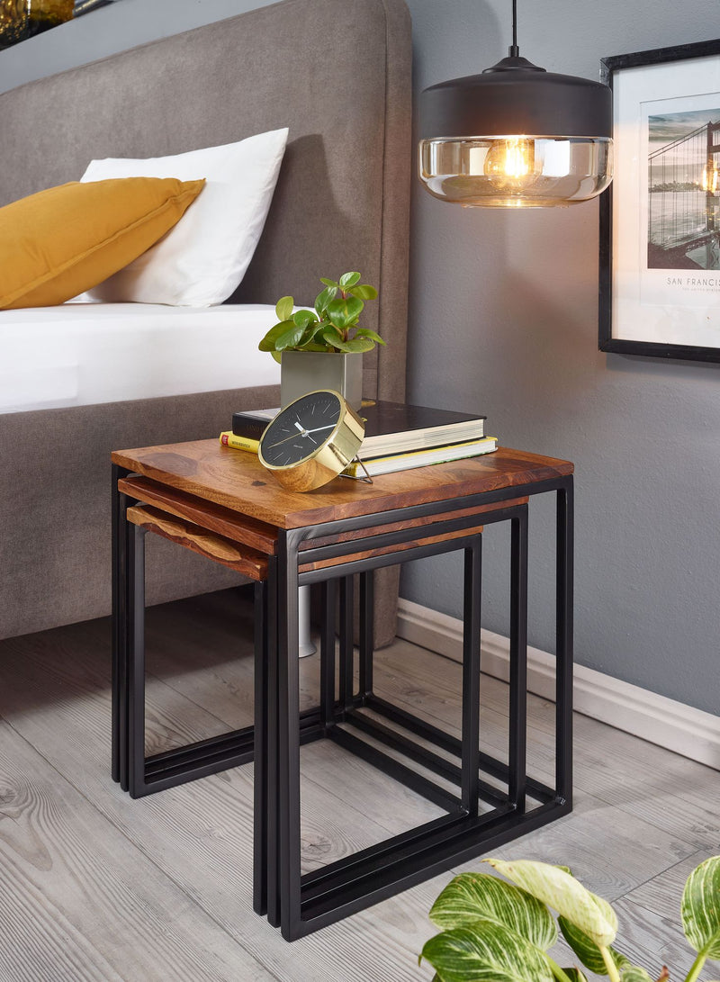 Satztisch 3er Set Sheesham Massivholz Metall Modern Eckig Wohnzimmer