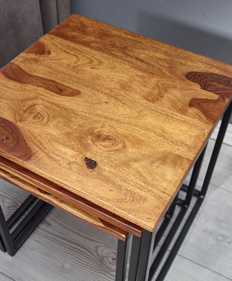 Satztisch 3er Set Sheesham Massivholz Metall Modern Eckig Wohnzimmer