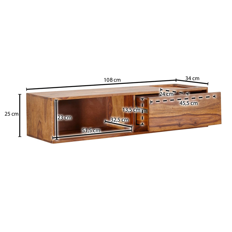 Lowboard Sheesham Massivholz 108x25x34cm Hängend TV-Schrank Braun