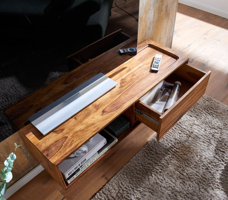 Lowboard Sheesham Massivholz 108x25x34cm Hängend TV-Schrank Braun