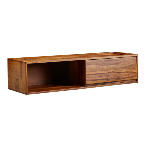Lowboard Sheesham Massivholz 108x25x34cm Hängend TV-Schrank Braun in Gesamtansicht mit offener Ablage und Schublade.