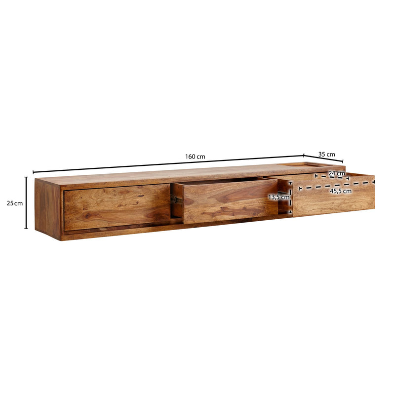 Lowboard Sheesham Massivholz 160x25x35cm Hängend TV-Schrank Braun