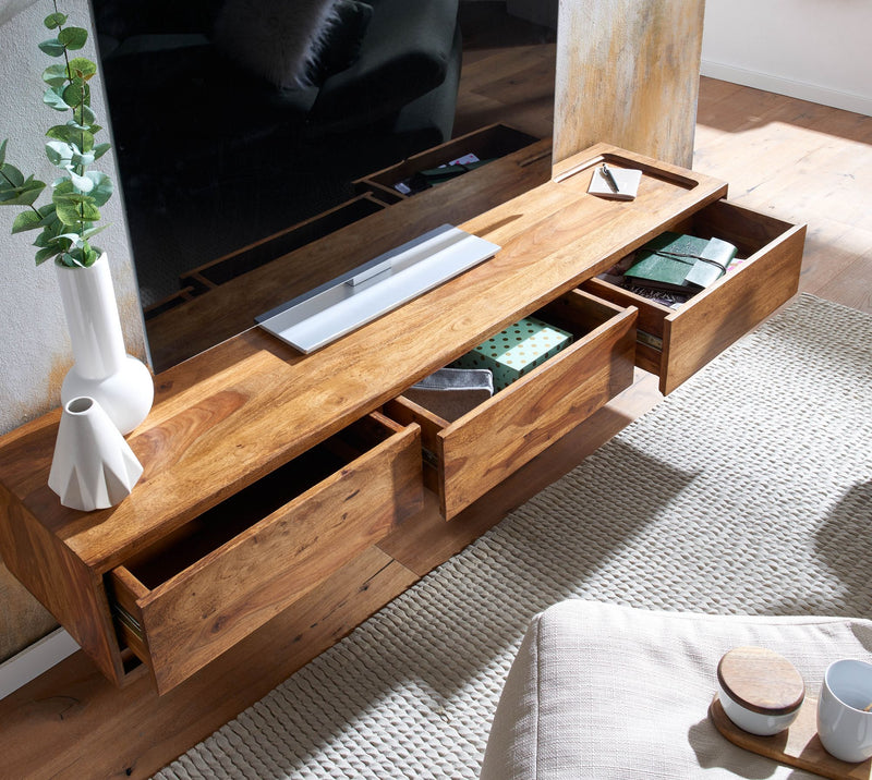 Lowboard Sheesham Massivholz 160x25x35cm Hängend TV-Schrank Braun