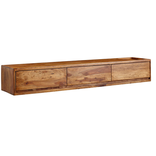 Lowboard Sheesham Massivholz 160x25x35cm Hängend TV-Schrank Braun in Gesamtansicht mit drei Schubladen.