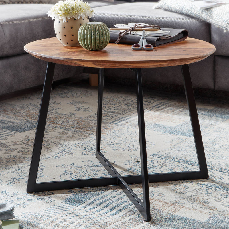 Couchtisch Rund 60x60x45cm Sheesham Massivholz Metall Modern