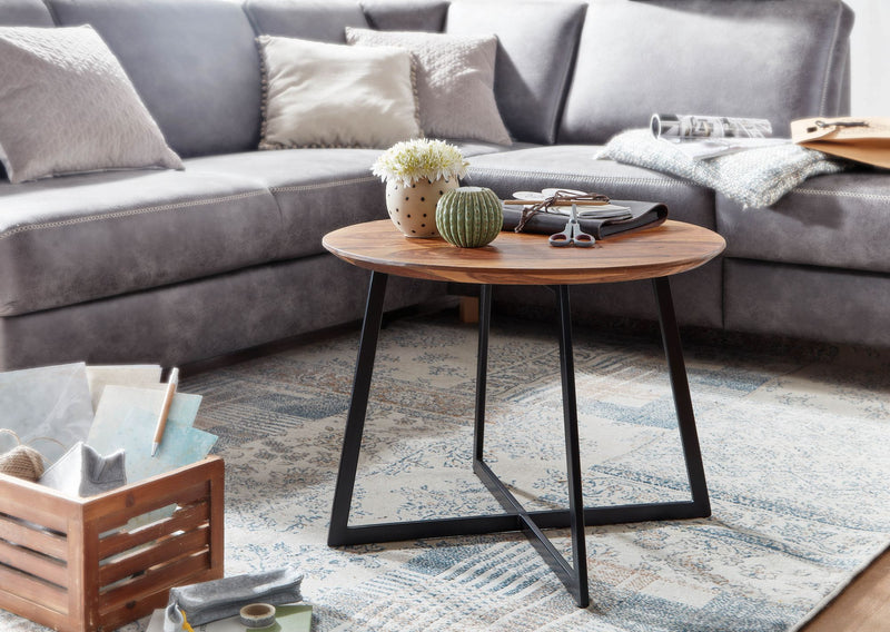 Couchtisch Rund 60x60x45cm Sheesham Massivholz Metall Modern