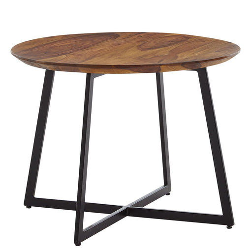 Runder Couchtisch Rund 60x60x45cm Sheesham mit Sheesham-Holzplatte und schwarzem Metallgestell.