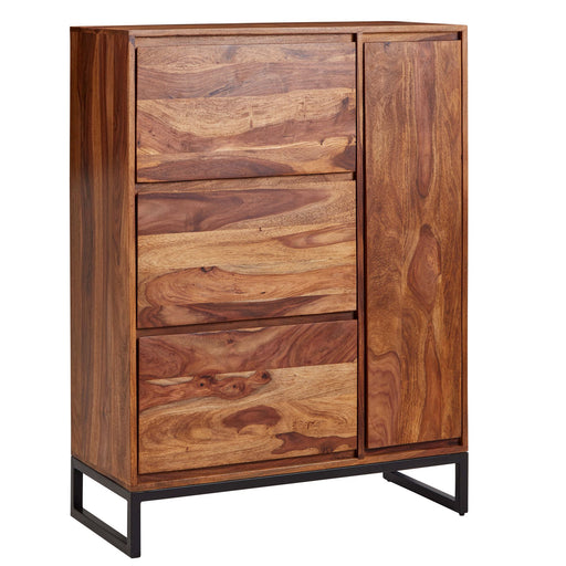 Schuhschrank Sheesham Massivholz 88x120x40cm Flurkommode geschlossen mit vier Schubladen und einer Tür, Gesamtansicht.