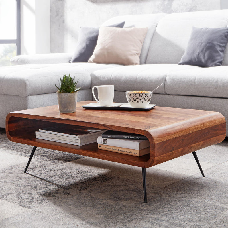 Couchtisch Sheesham Massivholz Metall 90x55x30cm mit Stauraum Modern
