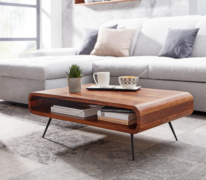 Couchtisch Sheesham Massivholz Metall 90x55x30cm mit Stauraum Modern