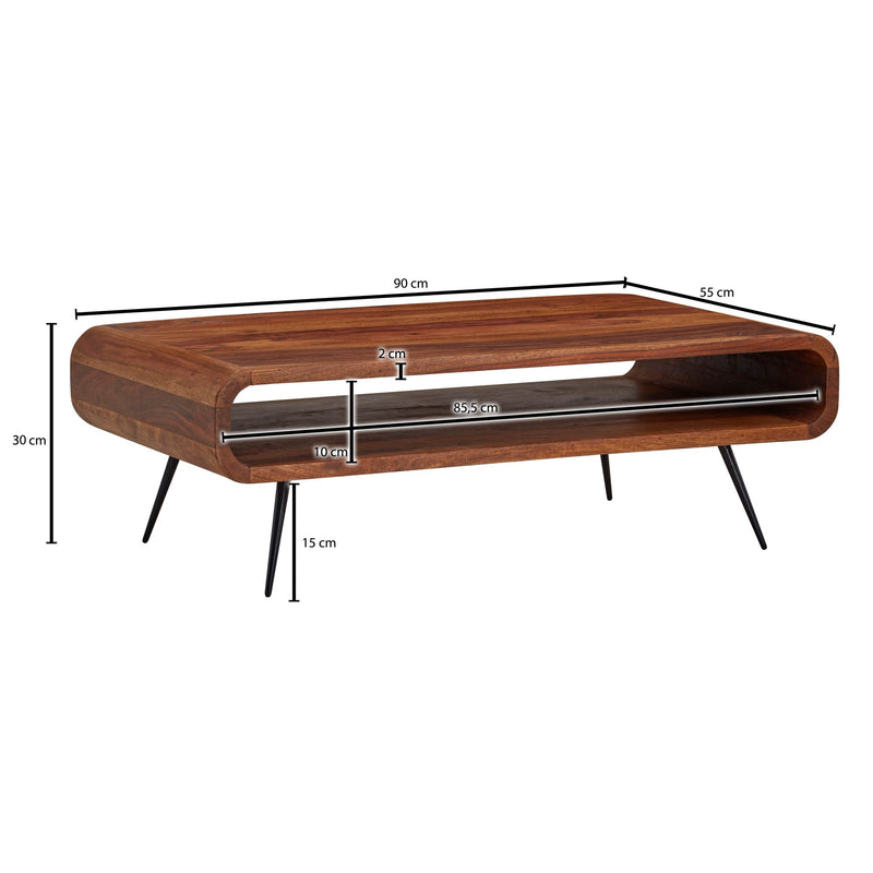 Couchtisch Sheesham Massivholz Metall 90x55x30cm mit Stauraum Modern