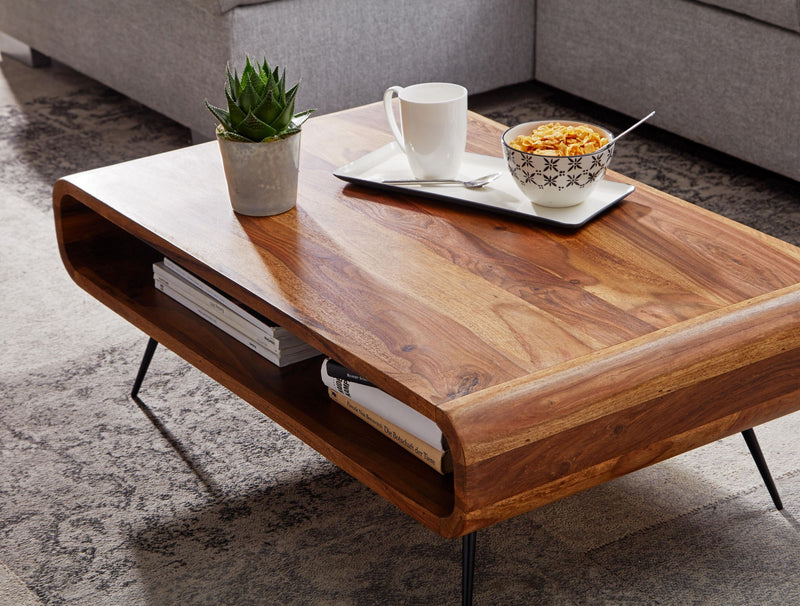 Couchtisch Sheesham Massivholz Metall 90x55x30cm mit Stauraum Modern