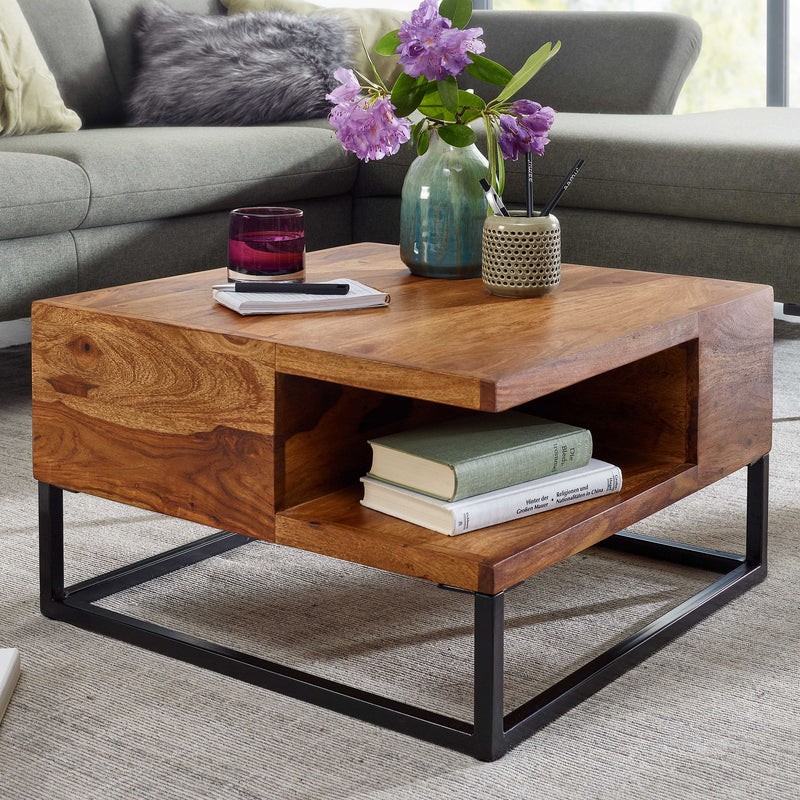 Couchtisch Sheesham Massivholz Metall 60x60x34,5cm mit Stauraum Modern