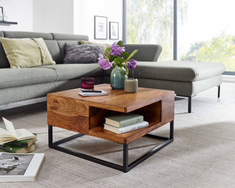 Couchtisch Sheesham Massivholz Metall 60x60x34,5cm mit Stauraum Modern