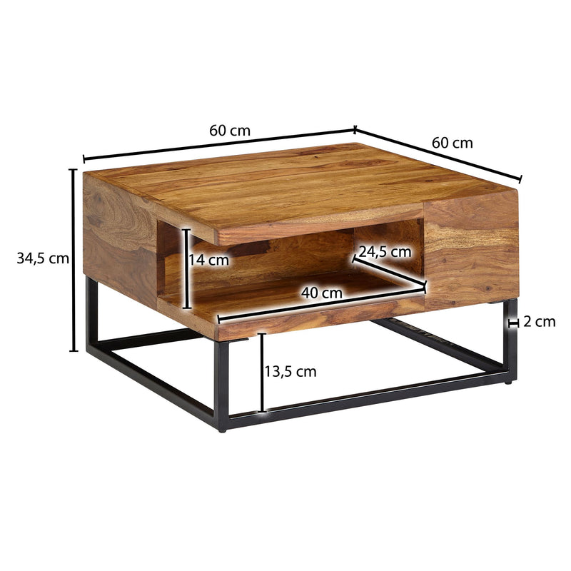 Couchtisch Sheesham Massivholz Metall 60x60x34,5cm mit Stauraum Modern