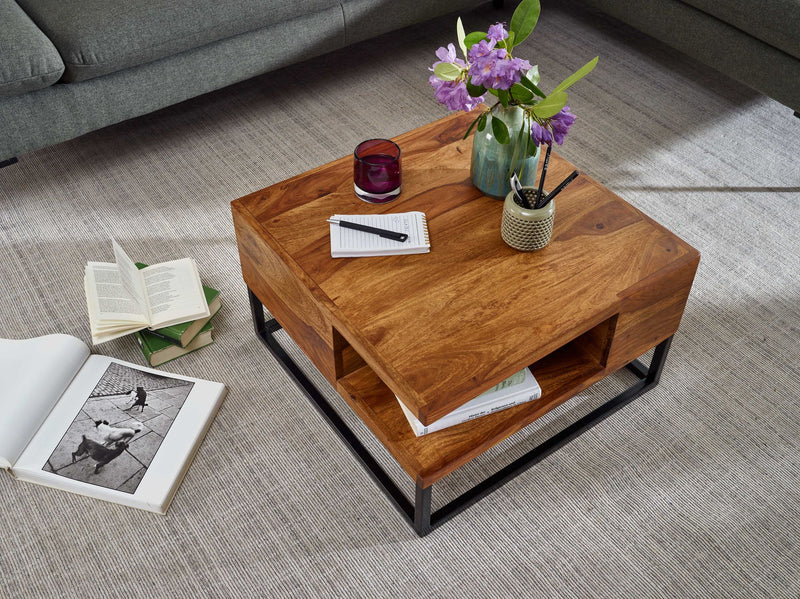Couchtisch Sheesham Massivholz Metall 60x60x34,5cm mit Stauraum Modern