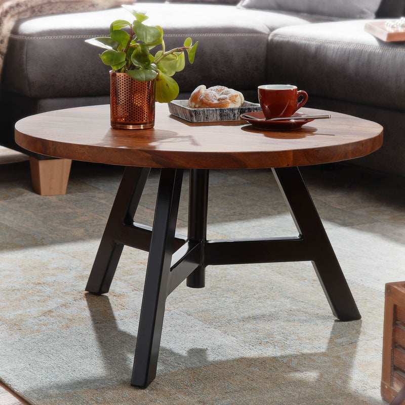 Couchtisch 60x60x35cm Sheesham Massivholz Metall Rund Modern