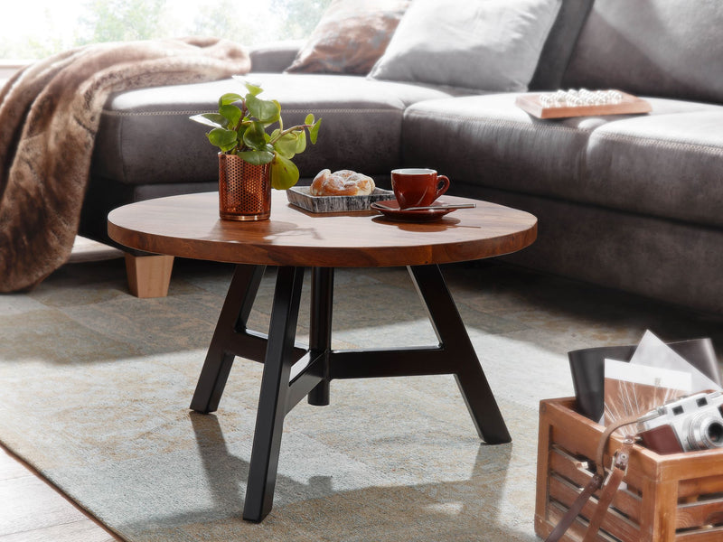 Couchtisch 60x60x35cm Sheesham Massivholz Metall Rund Modern