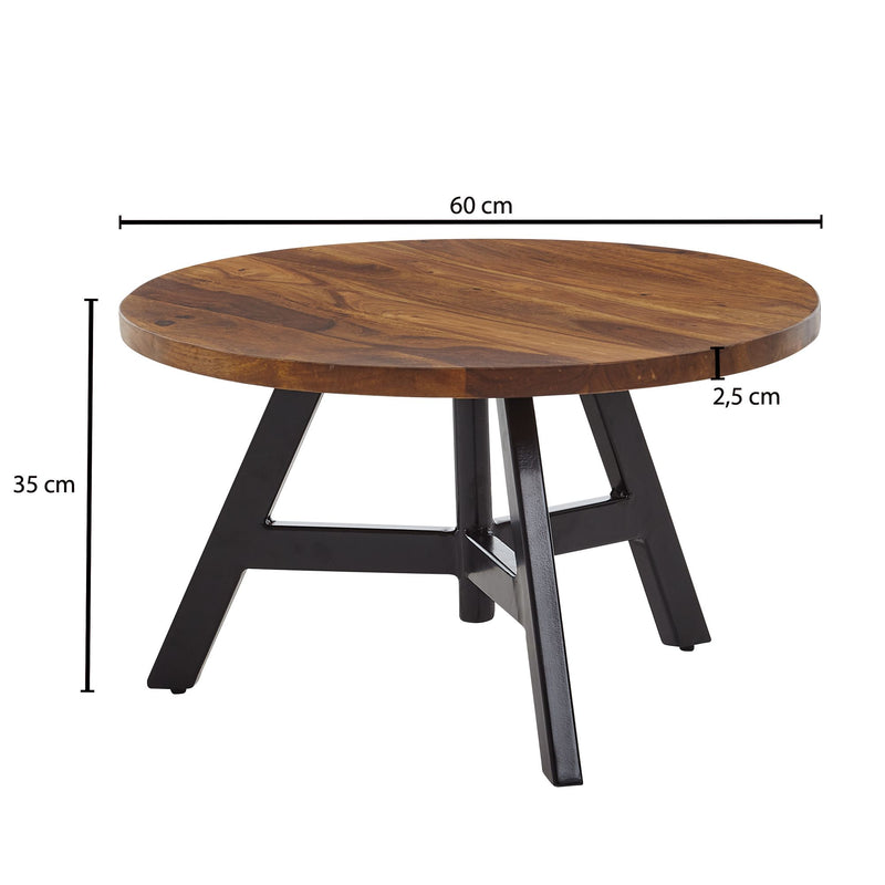 Couchtisch 60x60x35cm Sheesham Massivholz Metall Rund Modern