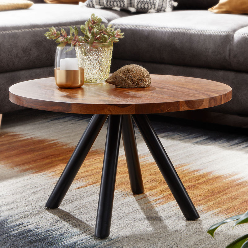 Couchtisch 60x60x35cm Sheesham Massivholz Metall Rund Modern