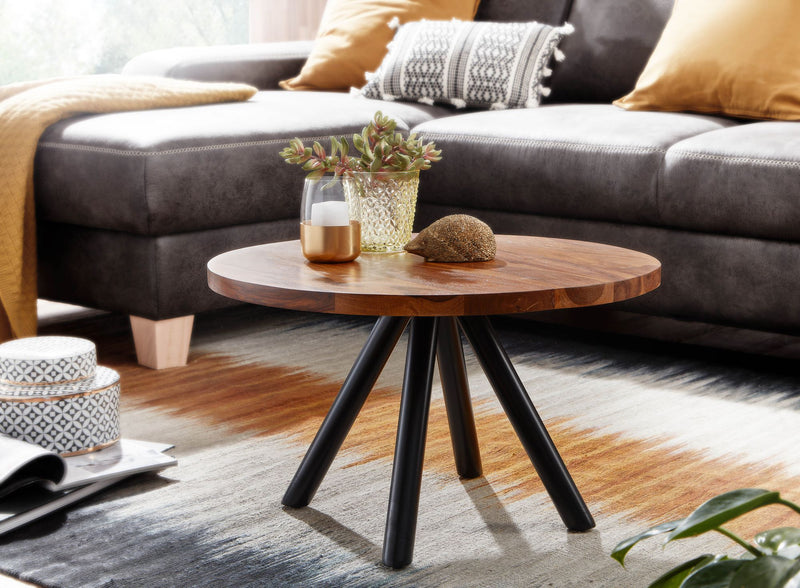 Couchtisch 60x60x35cm Sheesham Massivholz Metall Rund Modern