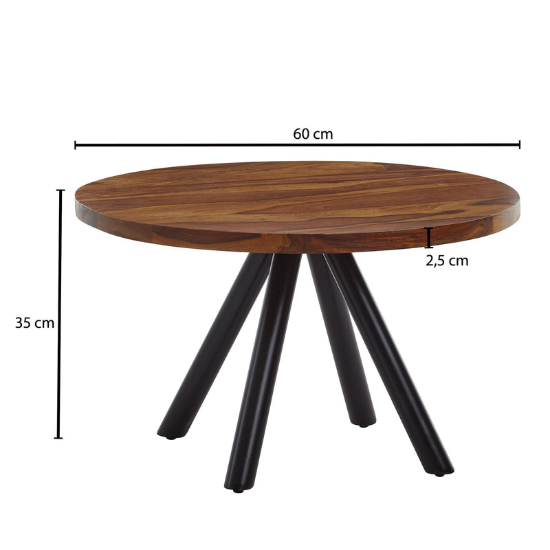 Couchtisch 60x60x35cm Sheesham Massivholz Metall Rund Modern