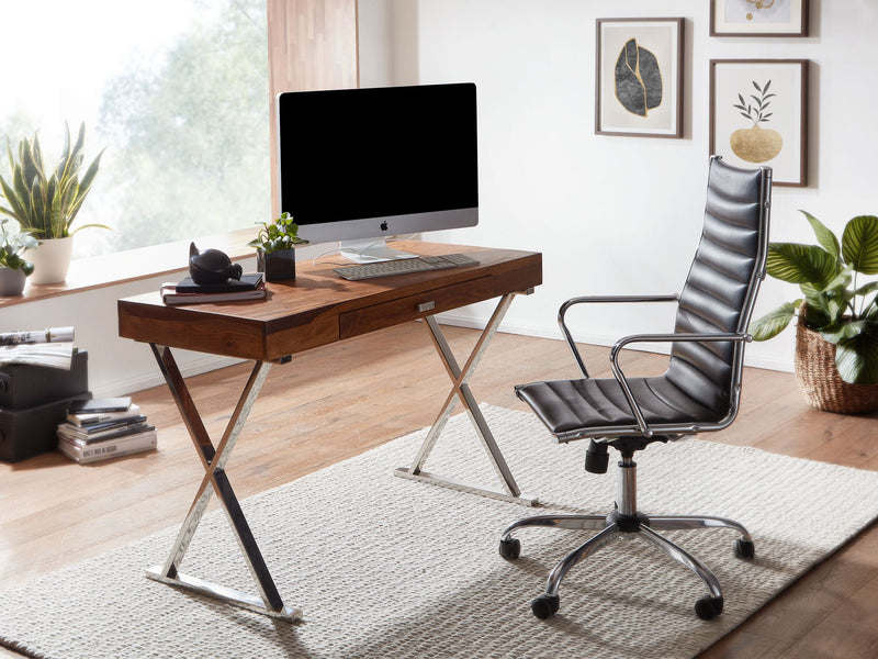 Schreibtisch 120x55x78cm Sheesham Massivholz Metall Chrom mit Schublade