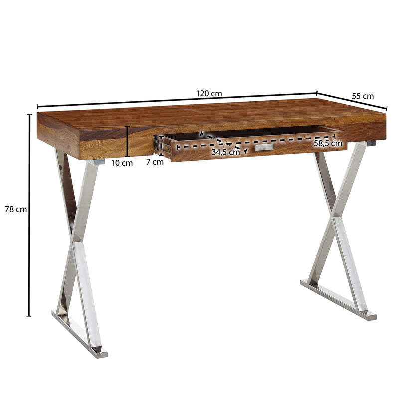 Schreibtisch 120x55x78cm Sheesham Massivholz Metall Chrom mit Schublade