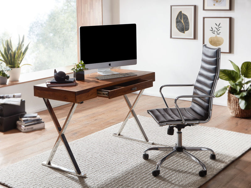 Schreibtisch 120x55x78cm Sheesham Massivholz Metall Chrom mit Schublade