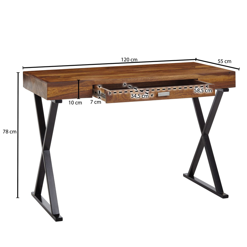 Schreibtisch 120x55x78cm Sheesham Massivholz Metall Schwarz mit Schublade
